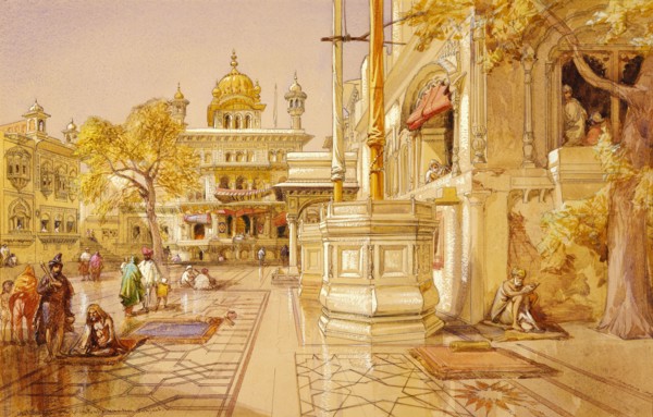 Akal Boonga at the Golden Temple at Amritsar, by William Simpson. Punjab, India, 19th century