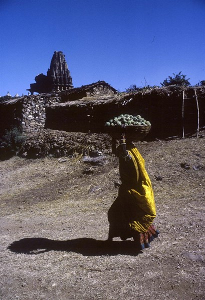 Femme portant une corbeille de fruits, fort de Kumbhalgarh, Rajasthan, Inde.
