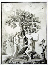 Adam and Eve at the bottom of the Tree of Knowledge with the tempting snake offering the apple