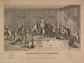 Meeting of new freemasons, satiric engraving with figures in the form of animals