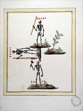 Représentation squelettique des trois mauvais Compagnons et tertre à l’acacia pour le Maître Hiram