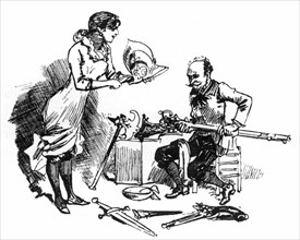 The shining and polishing of weapons  in the families, illustration by Robida