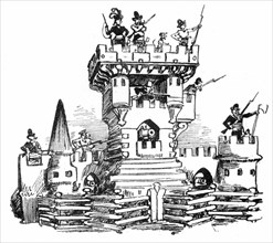 Artistic barricade, illustration by Robida