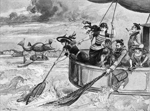 The fishing party in an air yacht, illustration by Robida