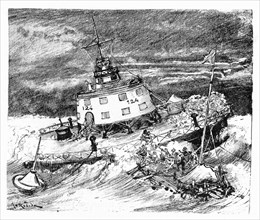 Secours aux naufragés. Les îles factices. Illustration de Robida