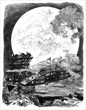 The moon gets nearer. Departure of the first scientific and colonizing commission, illustration by Robida