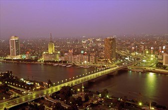 NIGHT VIEW OF THE NILE RIVER RUNNING THROUGH CAIRO, EGYPT