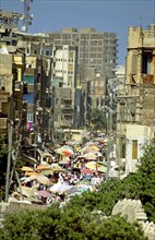 AERIAL OF COLOURFUL MARKETS OF ALEXANDRIA\\'S SLUMS, EGYPT