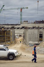 Construction of the Nelson Mandela Bay Stadium in Port Elizabeth is underway. The stadium in the