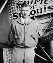 Charles Lindbergh standing by the 'Spirit of St Louis', May 1927