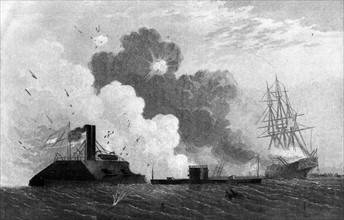 Guerre de sécession : combat entre deux navires de guerre, le "Merrimac"et le "Monitor", 1852