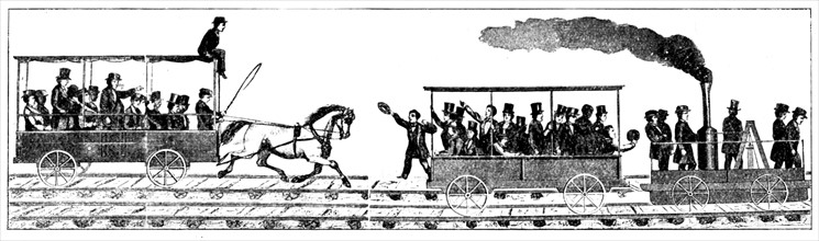 Race between Peter Cooper's locomotive 'Tom Thumb' and a horse-drawn railway carriage