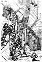 Laying siege cannon on target. Agostino Ramelli "Le diverse et artificiose machine", 1620.