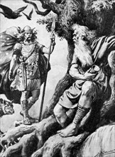 Odin cherchant la sagesse et ses deux corbeaux Huggin et Muninn