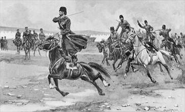 Guerre Russo-japonaise 1904-1905, cosaques russes effectuant des manoeuvres