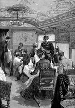 Wood engraving showing the dining car on the Orient Express published c.1885