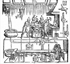 Woodcut showing Hero of Alexandria's (lst century AD) mechanical blacksmiths