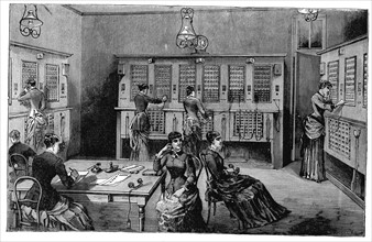 Engraving showing the Central Telephone Exchange, rue de Lafayette, Paris published in 1883
