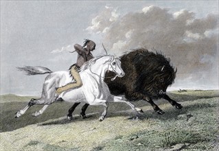 Engraving showing a North American Indian, mounted on horse, hunting buffalo, published in 1861