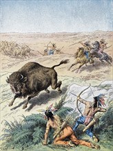 Gravure représentant des Indiens d'Amérique du Nord chassant le bison dans une prairie, publiée vers 1870