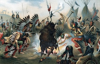 Oléographie représentant la danse de la guerre Sioux