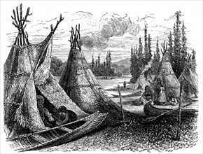 Gravure sur bois représentant un campement d'Idiens d'Amérique du Nord sur le territoire indien d'Oklahoma, publiée en 1889
