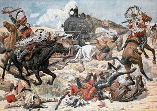 Indiens d'Amérique du Nord hors de leur réserve, attaquant un train sur le chemin de fer du Sud Pacifique en Arizona.