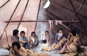 Litograph showing the interior of Cree Indian tent