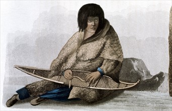 Litograph showing a copper Indian girl mending snow shoe, 1823