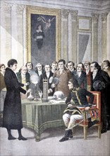 Alessandro Volta (1725-1827) Italian physicist, demonstrating his pile (battery) to Napoleon
