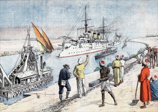 Guerre russo-japonaise 1904-1905, les cuirassés russes menés par le "Pobeida", passent par le canal de Suez