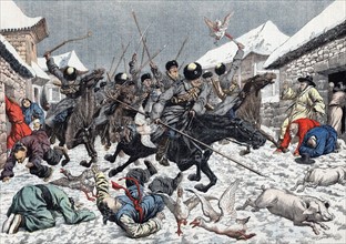 Guerre russo-japonaise 1904-1905, les cosaques pillent un village coréen et terrifient les habitants