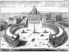 Engraving showing the St Peter's Basilica, Rome, and the elliptical piazza and colonnades designed by Bernini