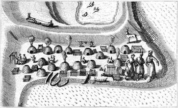 Engraving sowing a settlement in Russian Lapland in 1594