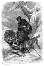 Chanoines augustins et leurs chiens Saint-Bernard portant secours à un voyageur tombé dans la neige