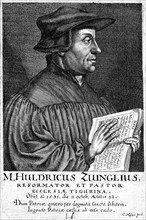 Engraving showing Ulrich Zwingli (1481-1531) Swiss Reformation divine