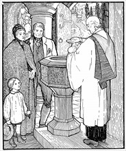 Gravure représentant une famille d'artisans baptisant leur enfant, 1904