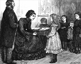 Engraving showing Mixed Sunday school class in a poor district of London