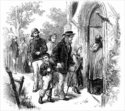 Engraving showing villagers from a fishing community going to church on Sunday