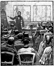 Engraving showing a lecture on physiology and hygiene in progress at the Young Men's Christian Association