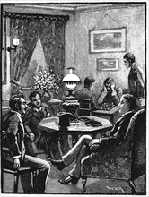 Engraving showing the sitting room at Young Men's Christian Association  where young men could relax and receive visitors