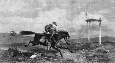 Gravure représentant un cavalier du Pony Express traversant un territoire ennemi entre St Joseph, Missouri, et San Francisco