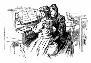 Gravure représentant une jeune fille recevant un cours de piano