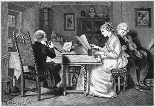 Engraving showing one woman and two men making music