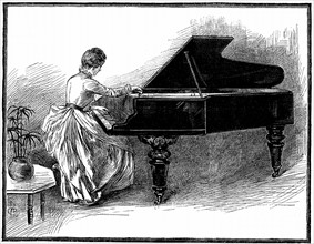 Engraving showing a young lady tuning a grand piano