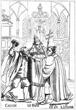 Calvin, Luther et le Pape en train de se battre