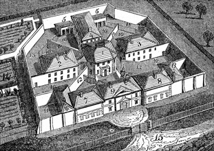 Woocut showing the Huntingdon County Gaol and House of Correction