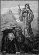 Engraving showing Morgan le Fay casting spell on Merlin