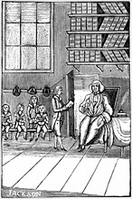 Woodcut showing a schoolmaster and his pupils