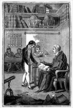 Engraving showing a schoolmaster with is pupils